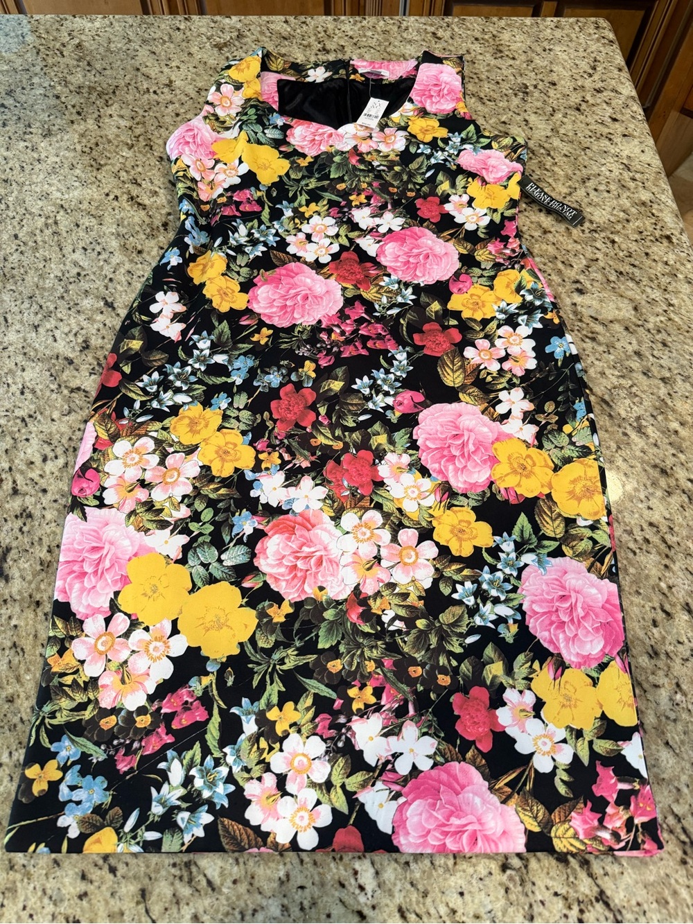 New York & Company Black Floral Sleeveless Dress with Pink & Yellow Blooms